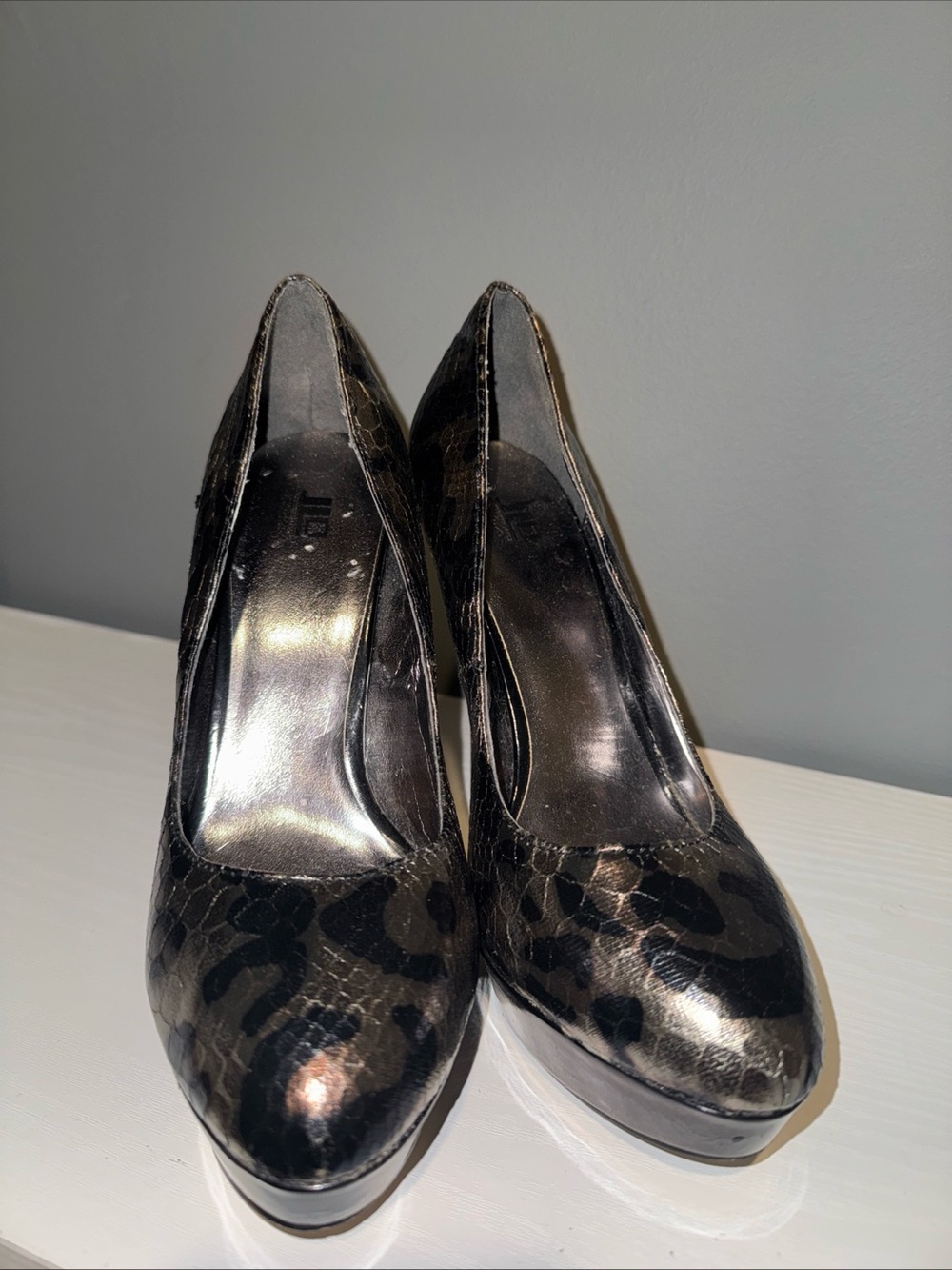 Metallic Black JLO Animal-Print Pointed Toe Pumps
